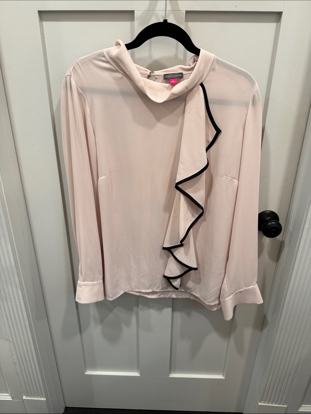 Vince Camuto Pale Pink Blouse with Black-Trim Ruffle